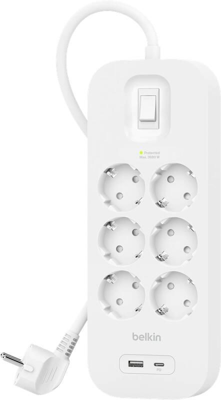 Belkin Stekkerdoos 6-voudig 2 meter met usb A C 18W Wit