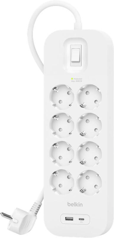 Belkin Stekkerdoos 8-voudig 2 meter met usb A C 18W Wit