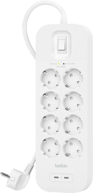 Belkin Surge Protection 8 Outlet 2 Meter Dual Usb C 30W PD Wit