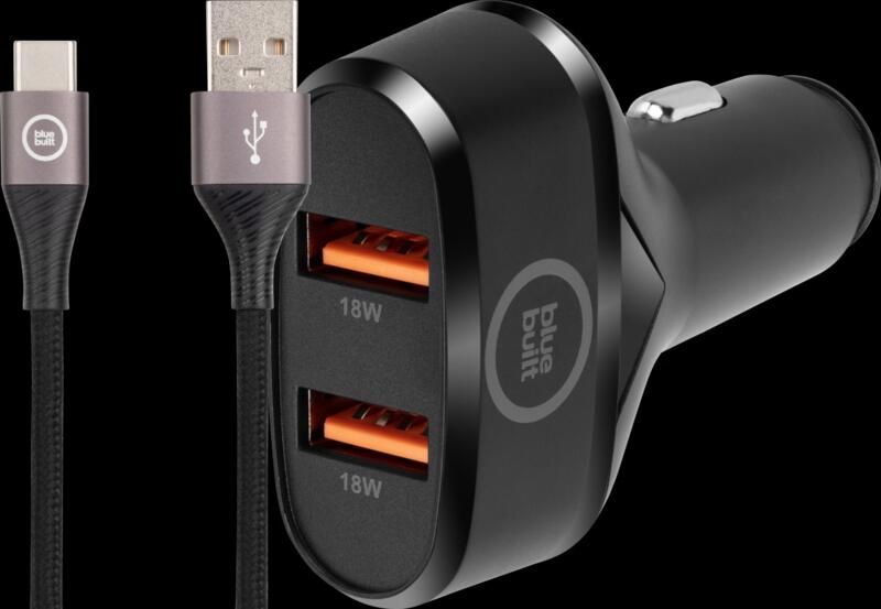 BlueBuilt Quick Charge Autolader 18W Zwart + Usb C Kabel 1 5m Nylon Zwart
