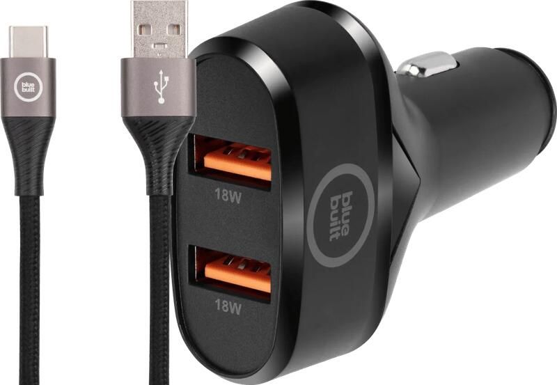 BlueBuilt Quick Charge Autolader 18W Zwart + Usb C Kabel 1 5m Nylon Zwart - Foto 1