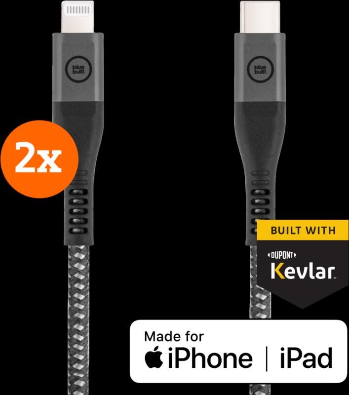 BlueBuilt Usb C naar Lightning Kabel 1 5m Kevlar Zwart Duo Pack