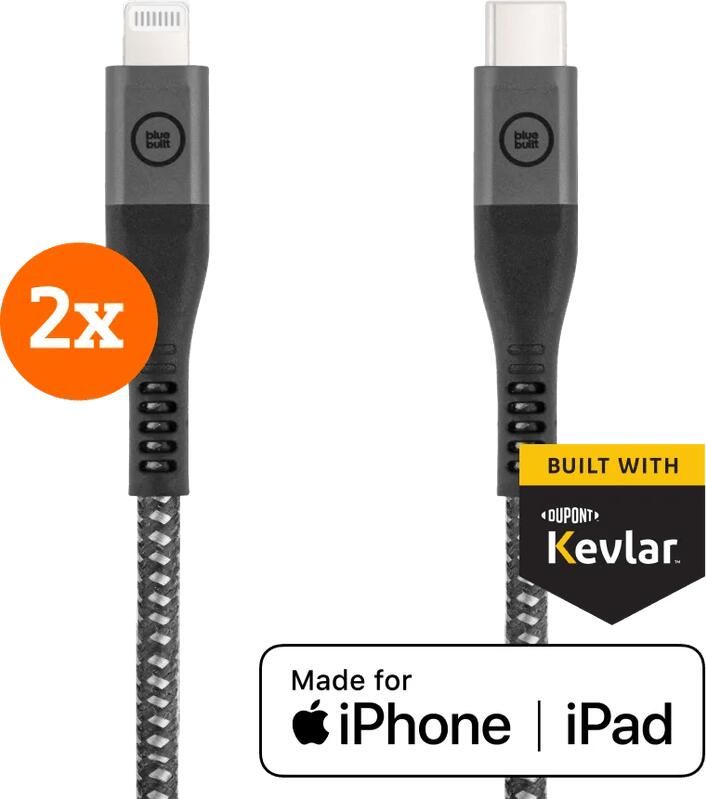 BlueBuilt Usb C naar Lightning Kabel 1 5m Kevlar Zwart Duo Pack