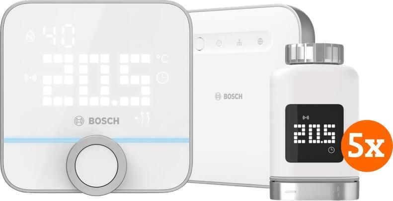 Bosch Slimme Radiatorknoppen 5-Pack + Smart Home Controller + Slimme Kamerthermostaat 230V