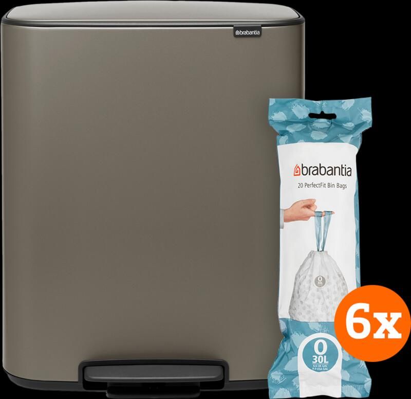 Brabantia Bo Pedal Bin 2 x 30 Liter Platinum + Vuilniszakken (120 stuks)