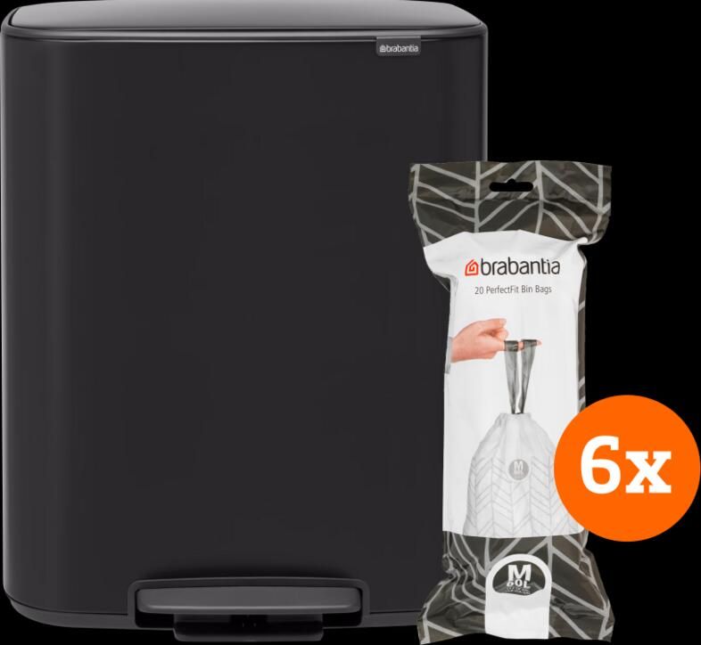 Brabantia Bo Pedal Bin 60 Liter Matt Black + Vuilniszakken (120 stuks)