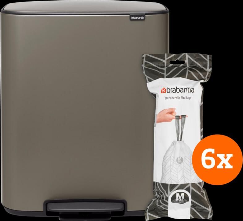 Brabantia Bo Pedal Bin 60 Liter Platinum + Vuilniszakken (120 stuks)