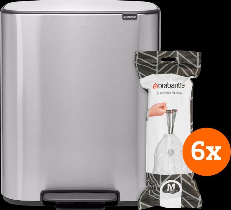 Brabantia Bo Pedal Bin 60 Liter Rvs Fingerprint proof + Vuilniszakken (120 stuks)