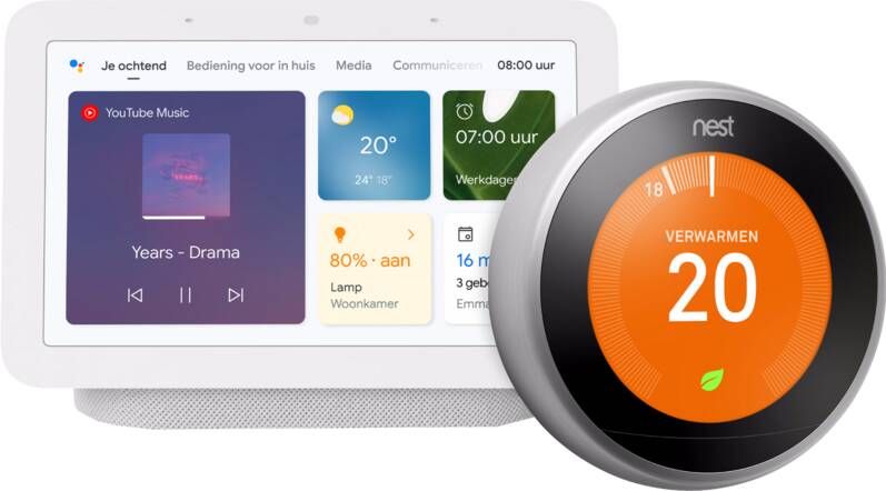 Google Nest Learning Thermostat V3 Premium Zilver + Hub 2 Chalk