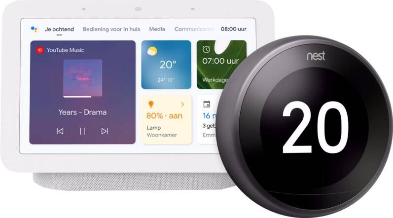 Google Nest Learning Thermostat V3 Premium Zwart + Hub 2 Chalk