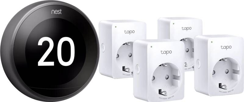 Google Nest Learning Thermostat Zwart + TP-Link Tapo P100 4-Pack
