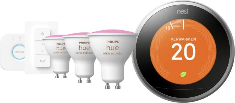 Google Nest LearningThermostat V3 zilver + Philips Hue White and Color GU10 3-pack