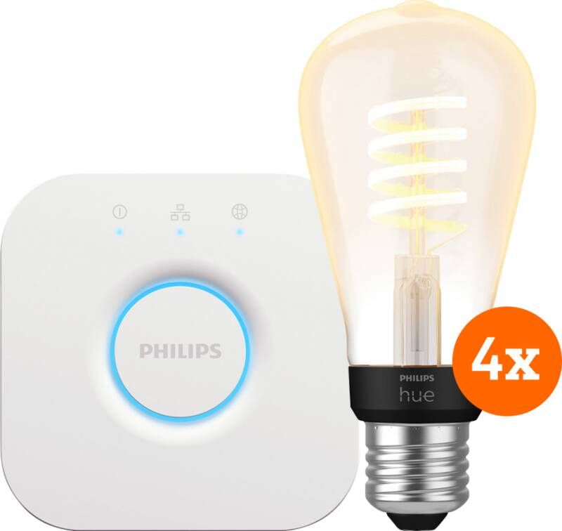 Philips Hue Filament White Ambiance Edison 4-Pack + Bridge