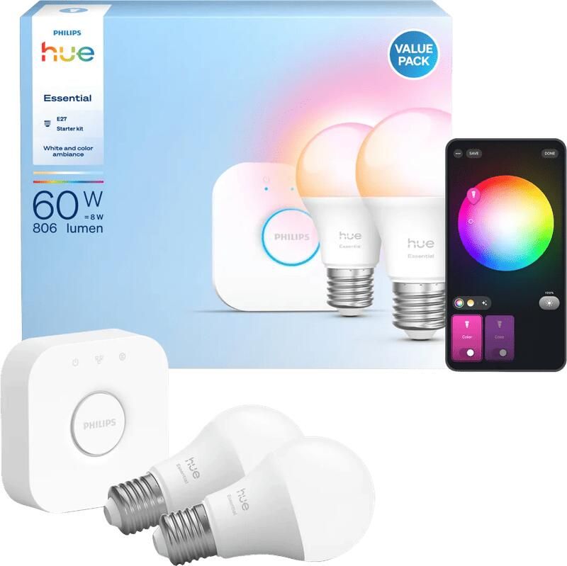 Philips Hue Essential A60 White and Color Starter Pack E27 806lm 2-pack + Bridge