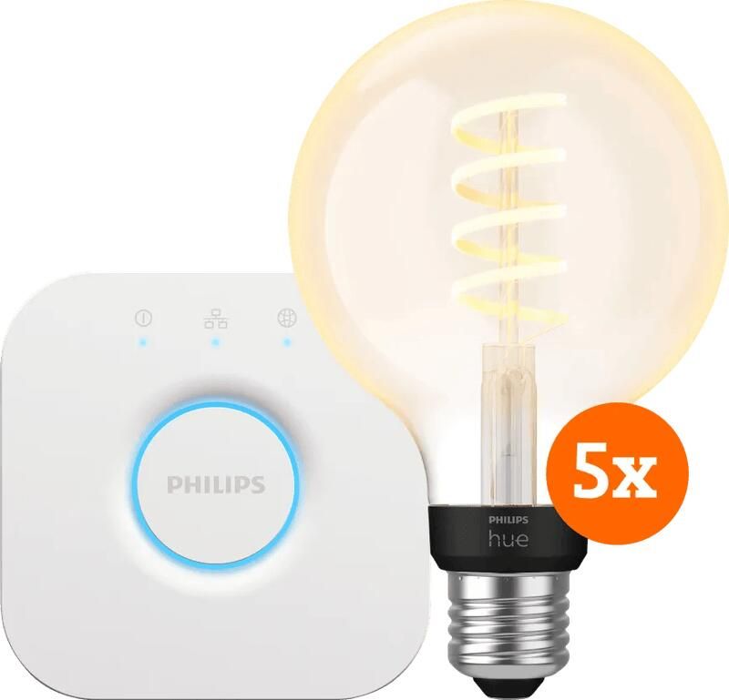 Philips Hue Filament White Ambiance Globe 5-Pack + Bridge