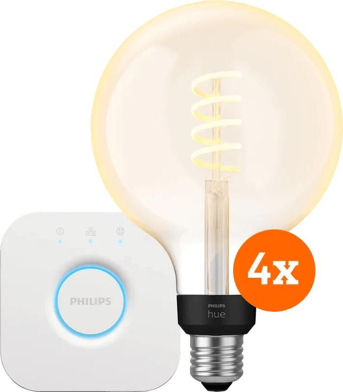 Philips Hue Filament White Ambiance Globe XL 4-Pack + Bridge