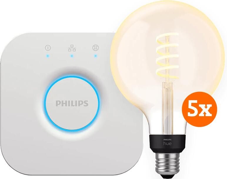 Philips Hue Filament White Ambiance Globe XL 5-Pack + Bridge