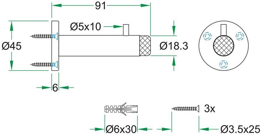 Artitec Wallebroek Deurbuffer wandmontage ø45x91mm rvs mat
