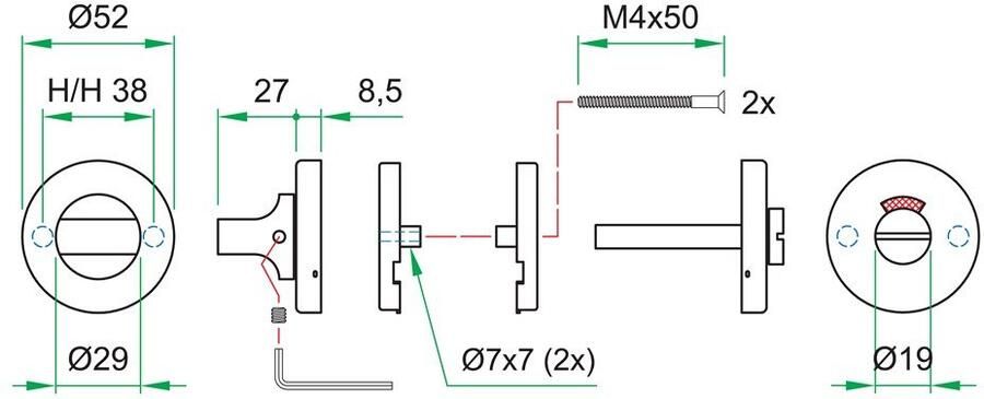 Artitec Wallebroek WC garnituur PL rvs mat noodontgr.WC 8mm r w g