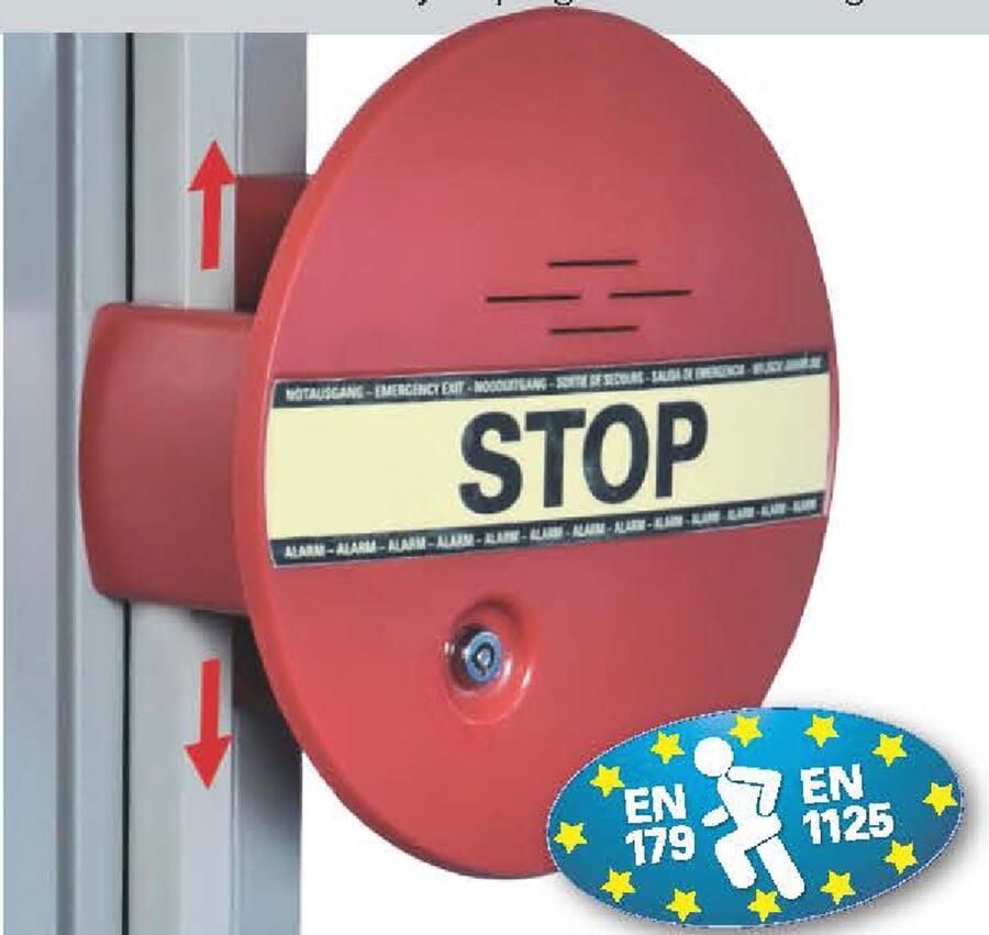 DX GfS DEXCON bij espagnolet sluiting inclusief bekabeld deur reedcontact 2 meter 2x systeemsleutel magneetfolie voor status waarneming pictogram STOP 9V batterij ingebouwde batterijbewaking EN 179 & 1125 95dB