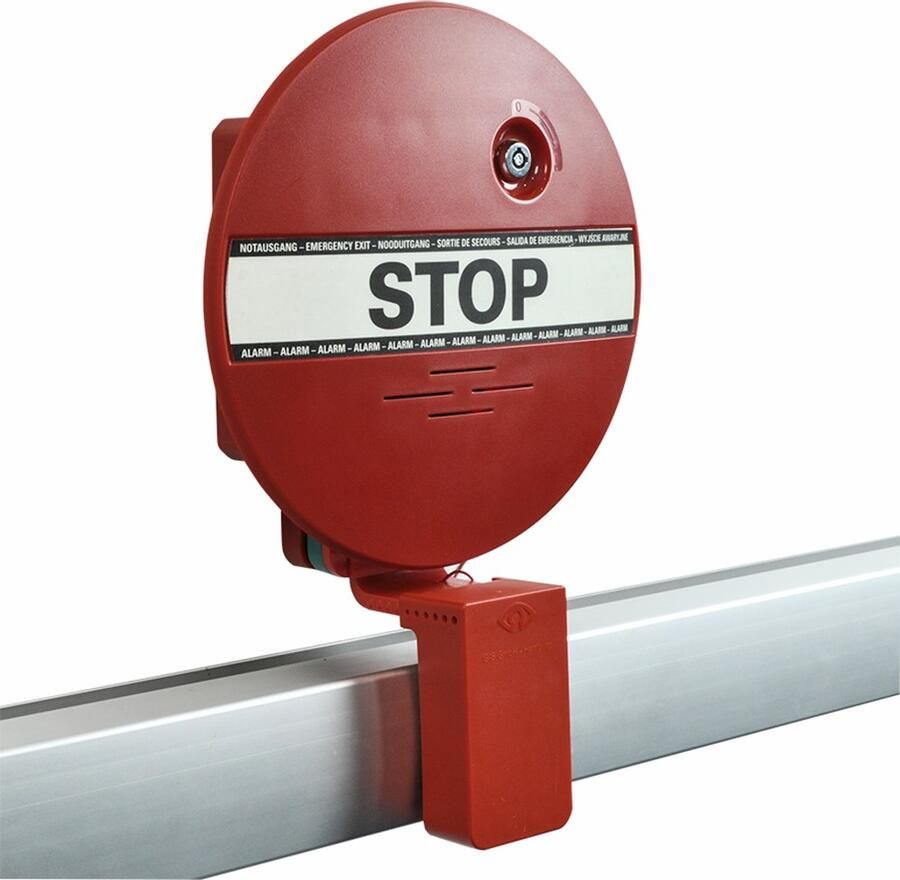 DX GfS DEXCON voor paniekbalken inclusief verstelbaar hoekprofiel met veiligheidskoord 2x systeemsleutel 2x rode bovenplaten magneetfolie pictogram STOP 9V batterij ingebouwde batterijbewaking EN 1125 95dB