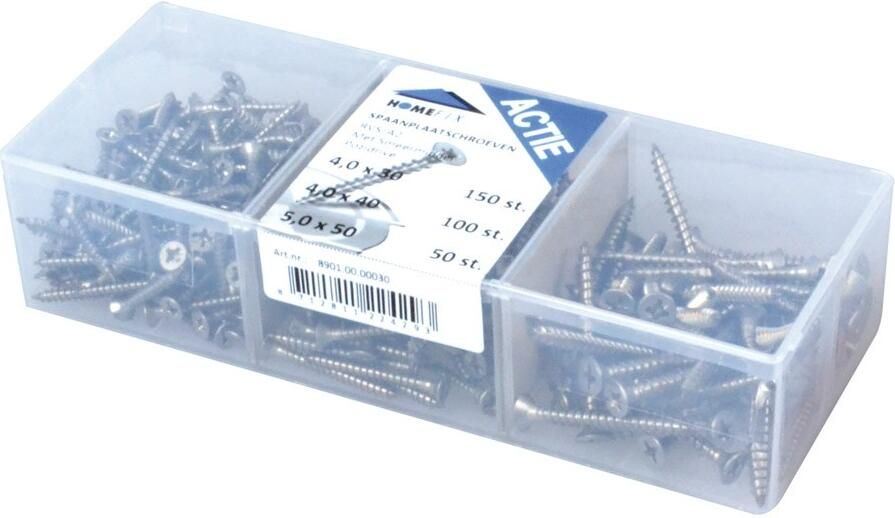 Homefix Assortimentskuip Spaanplaatschroeven Rvs-A2 Pk PZ2 4.0X30 4.0X40 5.0X50 8901.00.00030