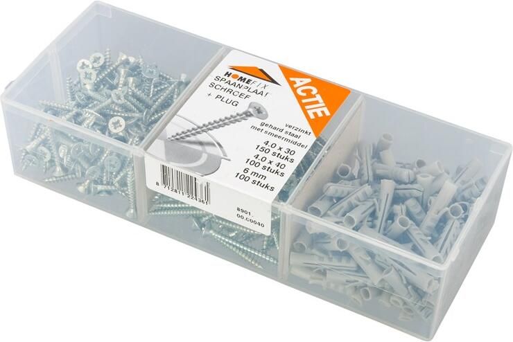 Homefix Assortimentskuip Spaanplaatschroeven Vz Pk PZ2 4.0X30 4.0X40 +Plug 6Mm 8901.00.00040