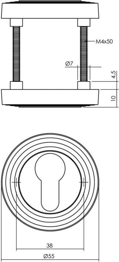 Intersteel Cilinderrozetten verdekt met rillen ø55x10mm en nokken nikkel mat
