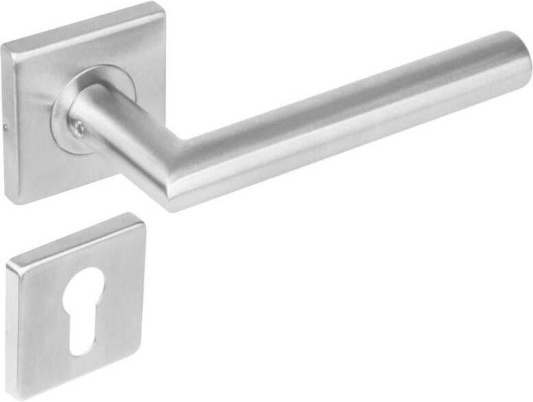 Intersteel Deurkruk 1242 rechte Hoek 90°op rozet vierkant met profielcilindergat plaatjes RVS