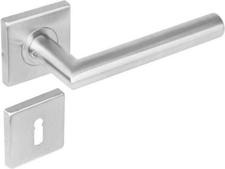 Intersteel Deurkruk 1242 rechte Hoek 90°op rozet vierkant met sleutelgat plaatjes RVS