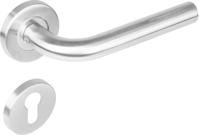 Intersteel Deurkruk 1270 Recht op rond rozet staal met 7mm nok met profielcilindergat plaatjes RVS