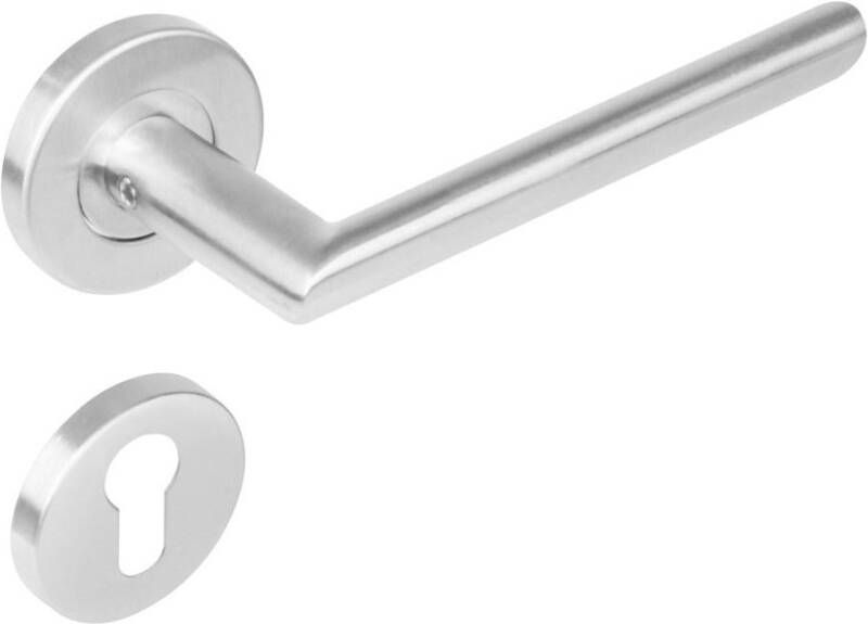 Intersteel Deurkruk 1273 ovaal Hoek 90°op rond rozet staal met 7mm nok met profielcilindergat plaatjes RVS