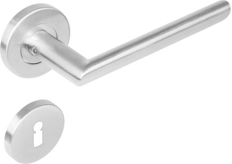 Intersteel Deurkruk 1273 ovaal Hoek 90°op rond rozet staal met 7mm nok met sleutelgat plaatjes RVS