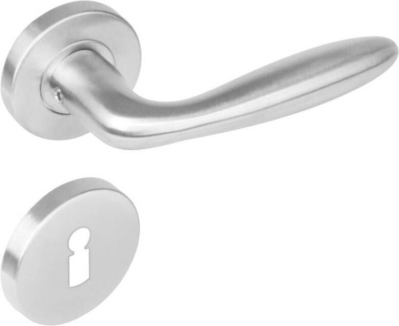 Intersteel Deurkruk 1281 Jupiter op rond rozet staal met 7mm nok met sleutelgat plaatjes RVS