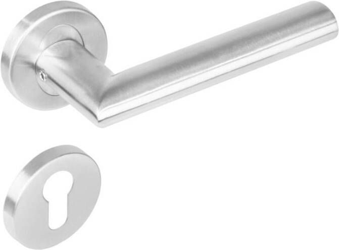 Intersteel Deurkruk 1283 Girona op rond rozet staal met 7mm nok met profielcilindergat plaatjes RVS