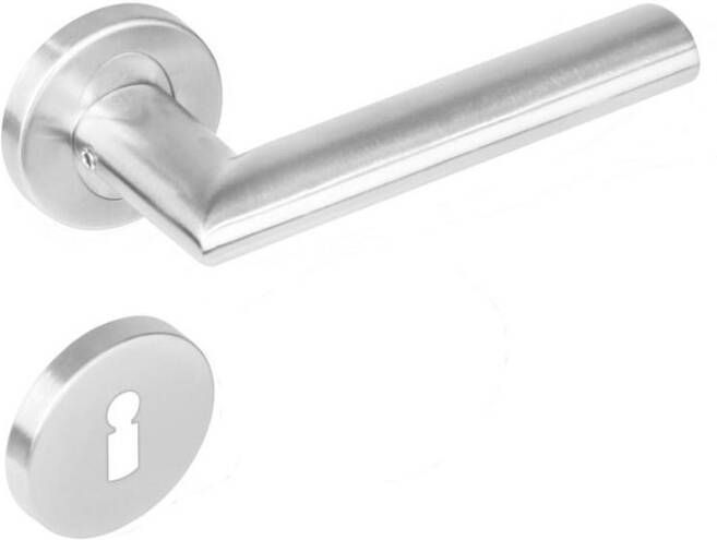 Intersteel Deurkruk 1283 Girona op rond rozet staal met 7mm nok met sleutelgat plaatjes RVS