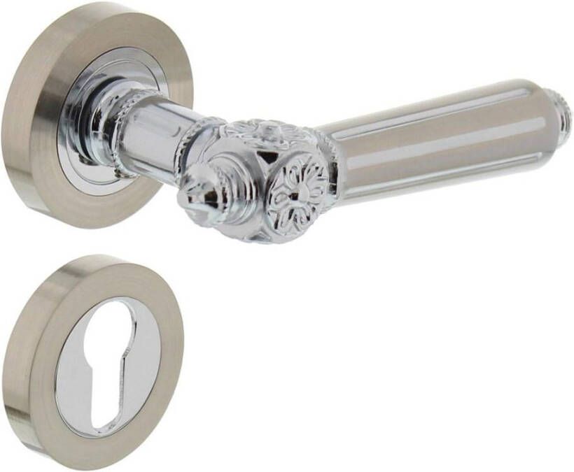 Intersteel Deurkruk 1716 Julietta op rond rozet 7mm nokken met profielcilindergat plaatjes chroom nikkel mat
