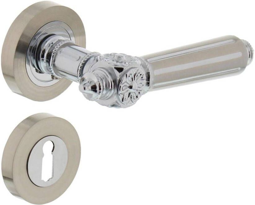 Intersteel Deurkruk 1716 Julietta op rond rozet 7mm nokken met sleutelgat plaatjes chroom nikkel mat