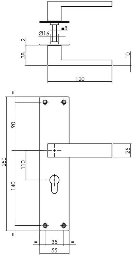 Intersteel Deurkruk Amsterdam met schild 250x55x2mm profielcilindergat 110mm rvs