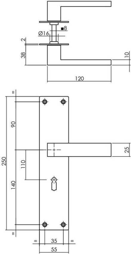 Intersteel Deurkruk Amsterdam met schild 250x55x2mm sleutelgat 110mm rvs