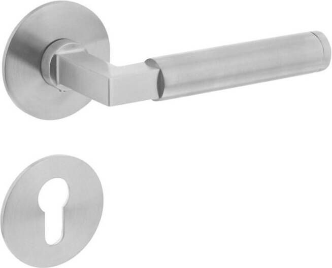 Intersteel Deurkruk Baustil vastdraaibaar geveerd op ronde magneet rozet met profielcilinderplaatjes RVS