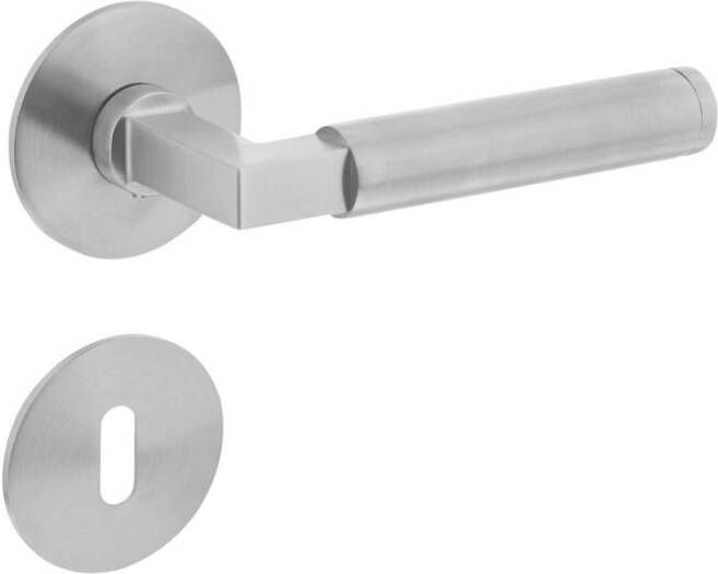 Intersteel Deurkruk Baustil vastdraaibaar geveerd op ronde magneet rozet met sleutelplaatjes RVS