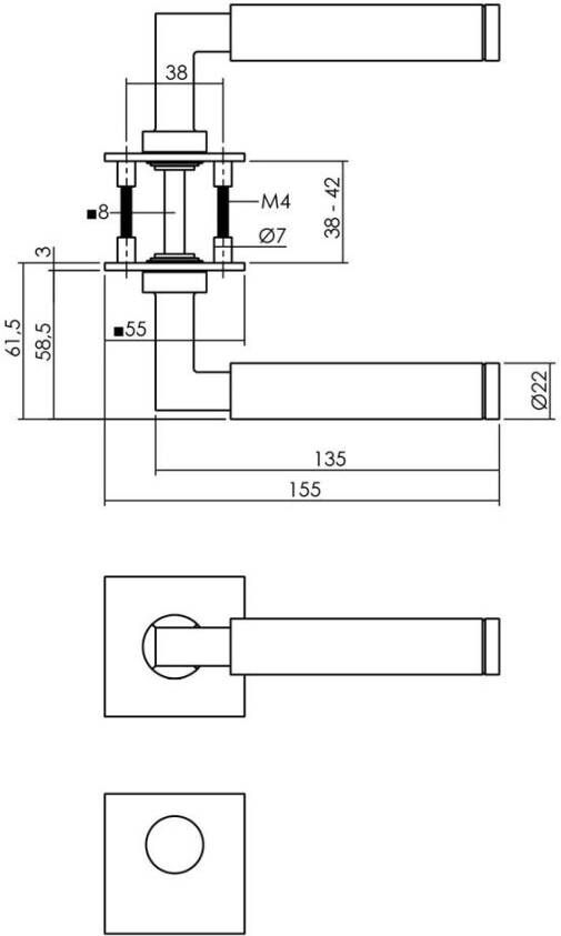 Intersteel Deurkruk Baustil vastdraaibaar geveerd op vierkante magneet rozet met rondcilinderplaatjes rvs gebor