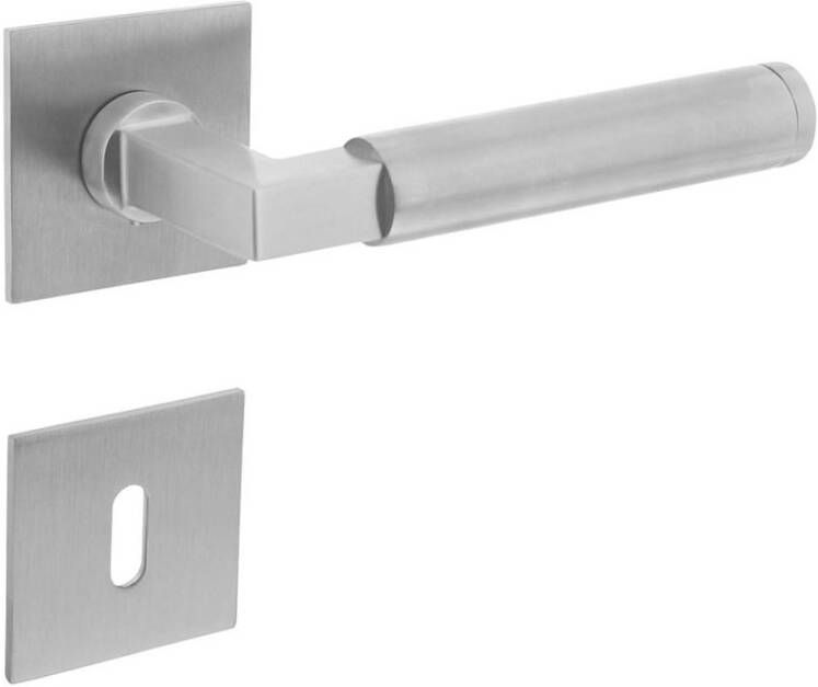 Intersteel Deurkruk Baustil vastdraaibaar geveerd op vierkante magneet rozet met sleutelplaatjes RVS