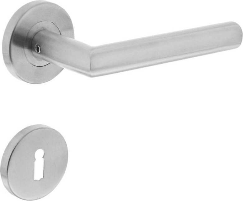 Intersteel Deurkruk recht Hoek 90°op rond rozet 55mm plus 7mm nokken met sleutelgat plaatjes RVS EN1906 4