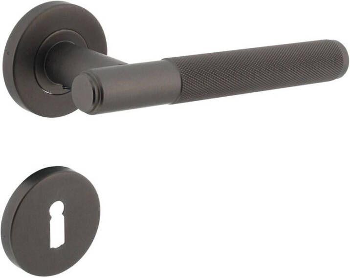 Intersteel Deurkruk Rombo ruit motief op geveerde stalen rozet met nokken ø53x8mm en sleutelplaatjes rvs antrac