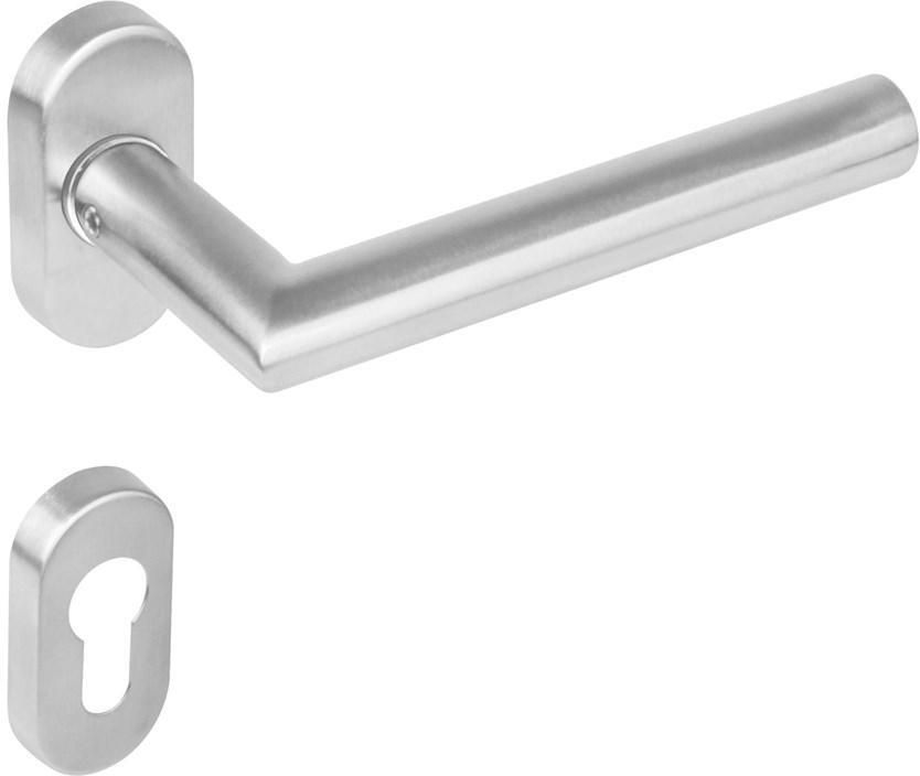 Intersteel Deurkruk 1235 Hoek 90°op rozet ovaal staal dubbel geveerd met profielcilinder plaatjes RVS