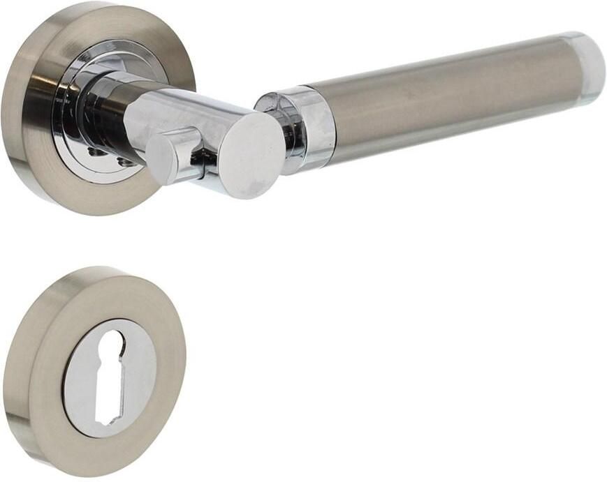 Intersteel Deurkruk 1698 Birgit op rond rozet 7mm nokken met sleutelgat plaatjes chroom nikkel mat