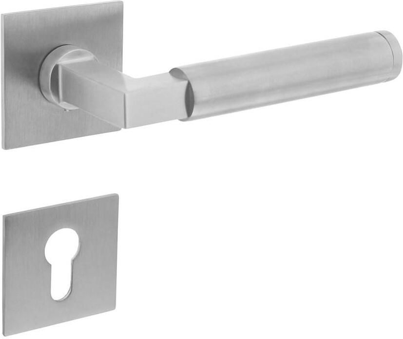 Intersteel Deurkruk Baustil vastdraaibaar geveerd op vierkante magneet rozet met profielcilinderplaatjes RVS