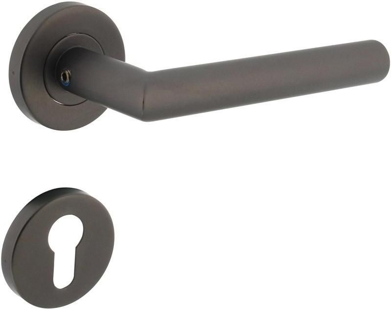 Intersteel Deurkruk Hoek 90° op geveerde stalen rozet met nokken ø53x8mm en profielcilinderplaatjes rvs antraci